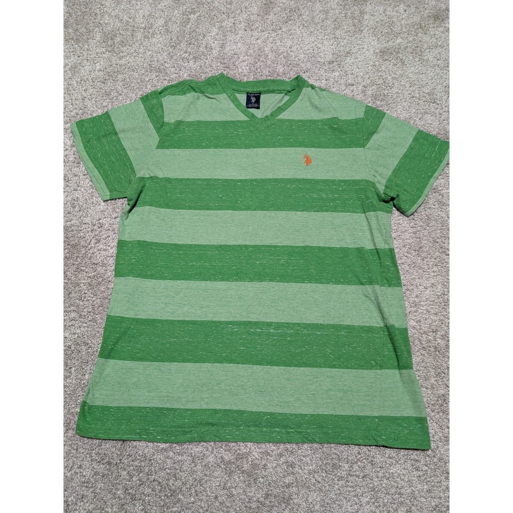 US Polo Assn Mens Green Striped V Neck T Shirt Size L Cotton Blend‎ Casual